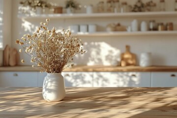Fototapeta premium A serene kitchen setting featuring a vase of dried flowers on a wooden table during daylight