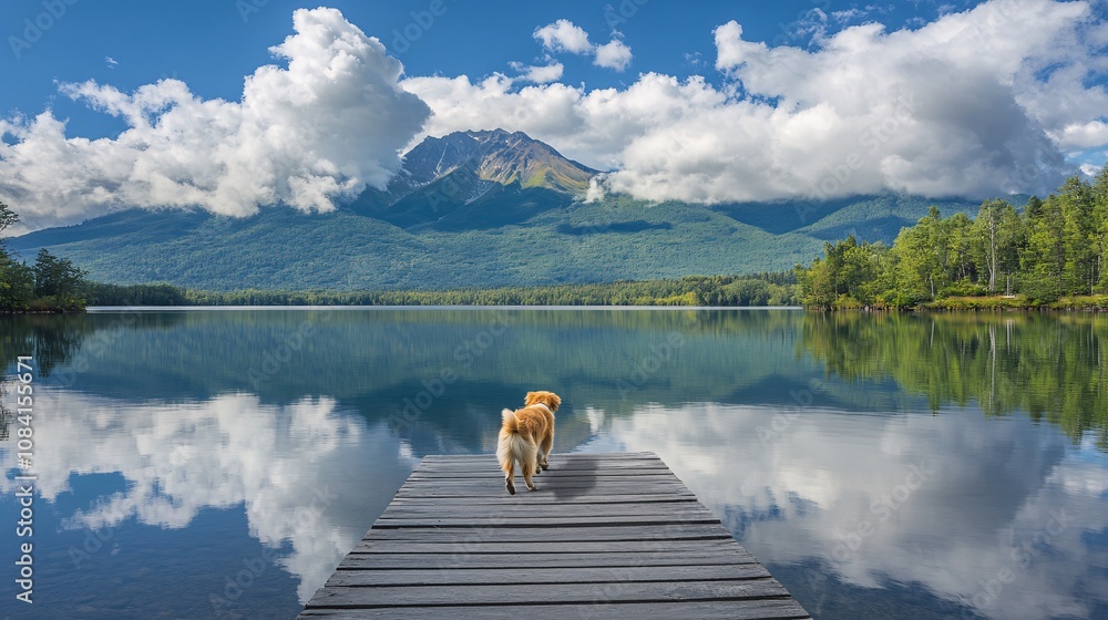 Aufkleber Puppy walking across a dock at a lake with reflection of mountains in water while owner follows creating a peaceful pet tourism scene with side empty space for text Stockphoto style