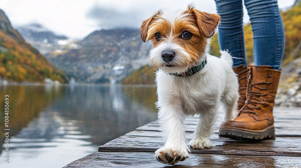 Poster puppy walking across a dock at a lake with reflection of mountains in water while owner follows crea