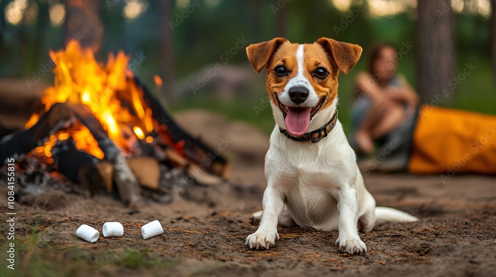 Poster dog with tongue out sitting beside campfire in a scenic forest with owner close by roasting marshmal