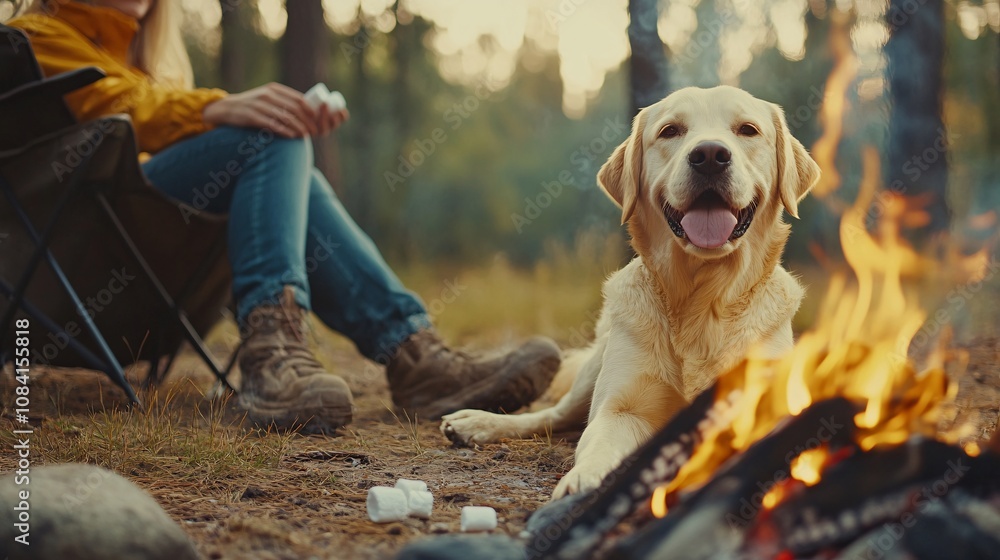 Poster dog with tongue out sitting beside campfire in a scenic forest with owner close by roasting marshmal