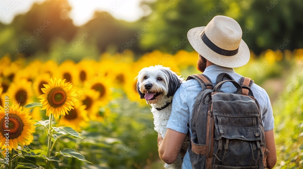 Poster Fluffy dog running joyfully through a sunflower field with owner capturing moments in a nature-friendly travel setting with side empty space for text Stockphoto style