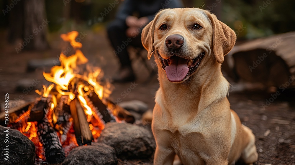 Poster dog with tongue out sitting beside campfire in a scenic forest with owner close by roasting marshmal