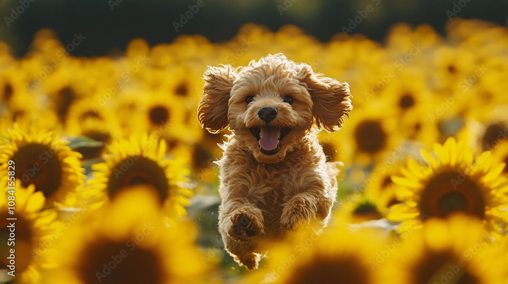Poster fluffy dog running joyfully through a sunflower field with owner capturing moments in a nature-frien