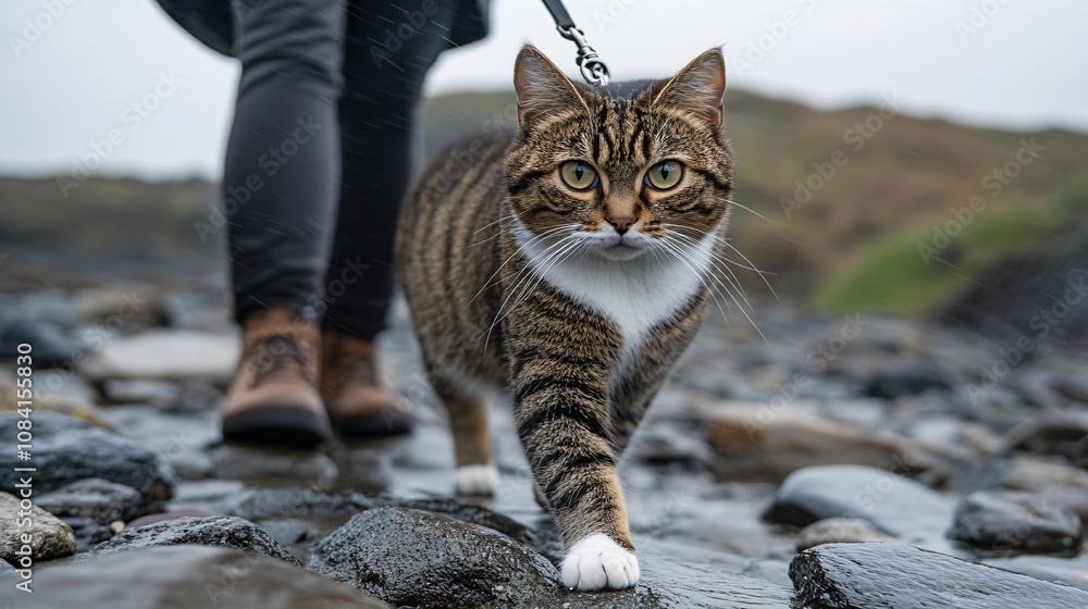 Poster cat on a leash exploring rocky coastline while owner watches capturing adventurous pet travel on sea