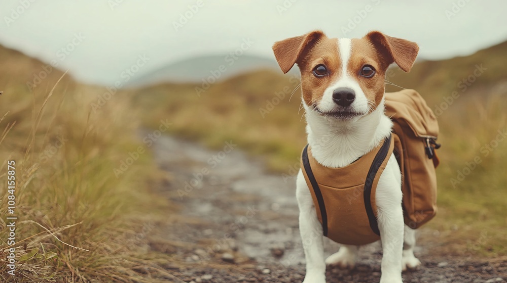 Poster dog wearing a small backpack while exploring a mountain trail with owner ahead in a wilderness pet t