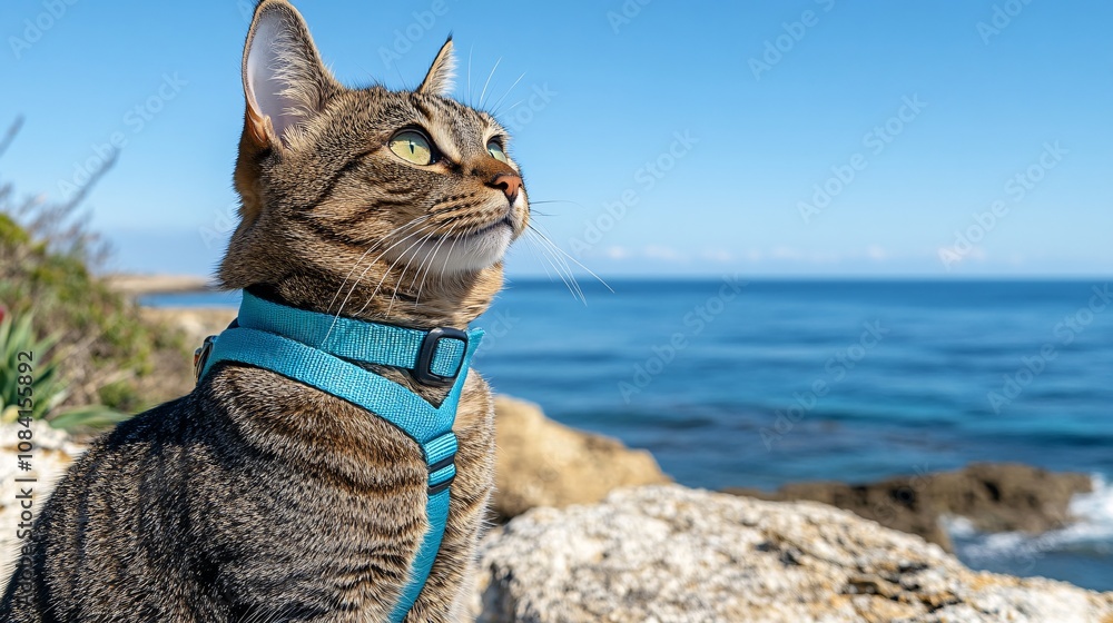 Aufkleber cat on a leash exploring rocky coastline while owner watches capturing adventurous pet travel on sea
