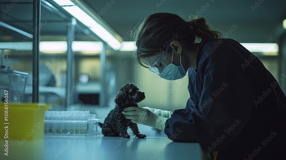 Poster friendly veterinarian gently examining a small dog in a clean, well-lit clinic showing a caring pet 