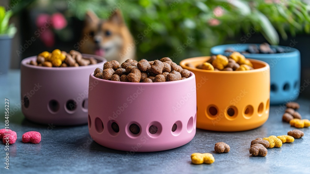 Poster brightly packaged pet food displayed on a clean surface with bowls and treats emphasizing quality pe