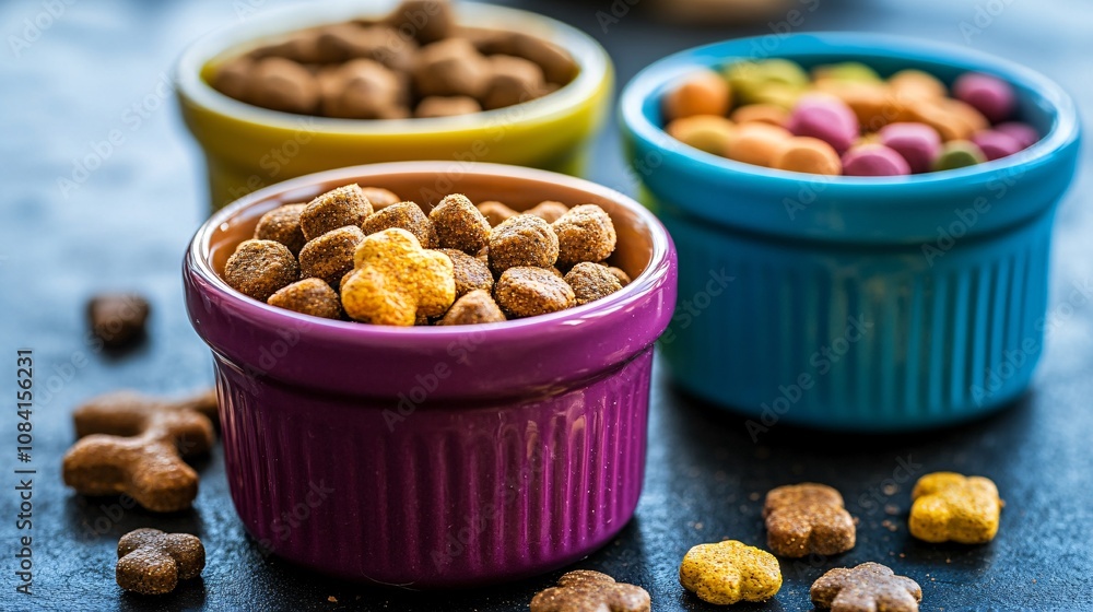 Poster brightly packaged pet food displayed on a clean surface with bowls and treats emphasizing quality pe