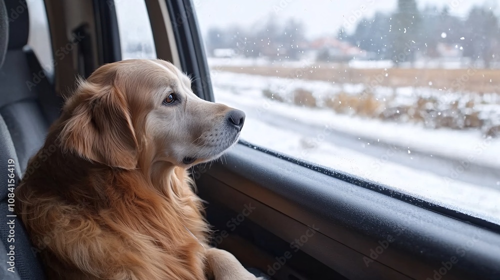 Poster golden retriever with head out of a car window enjoying fresh air and scenic countryside as they tra