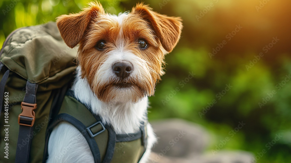 Poster playful dog in a backpack looking out as owner hikes through a lush forest capturing a shared travel