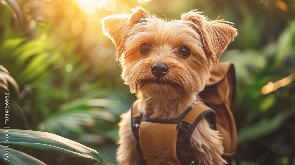Poster playful dog in a backpack looking out as owner hikes through a lush forest capturing a shared travel