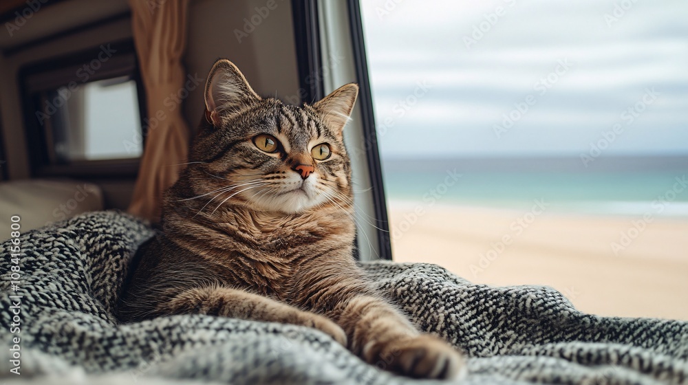Poster cute cat resting on cozy blanket in camper van looking out at ocean view showcasing the pet tourism 