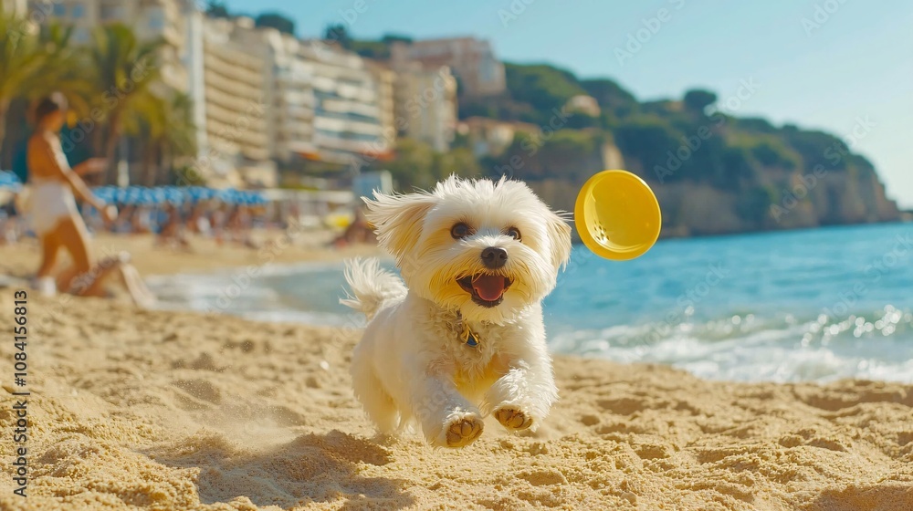 Poster Small dog running along sandy beach near the water while owner throws a frisbee in a playful travel scene with side empty space for text Stockphoto style