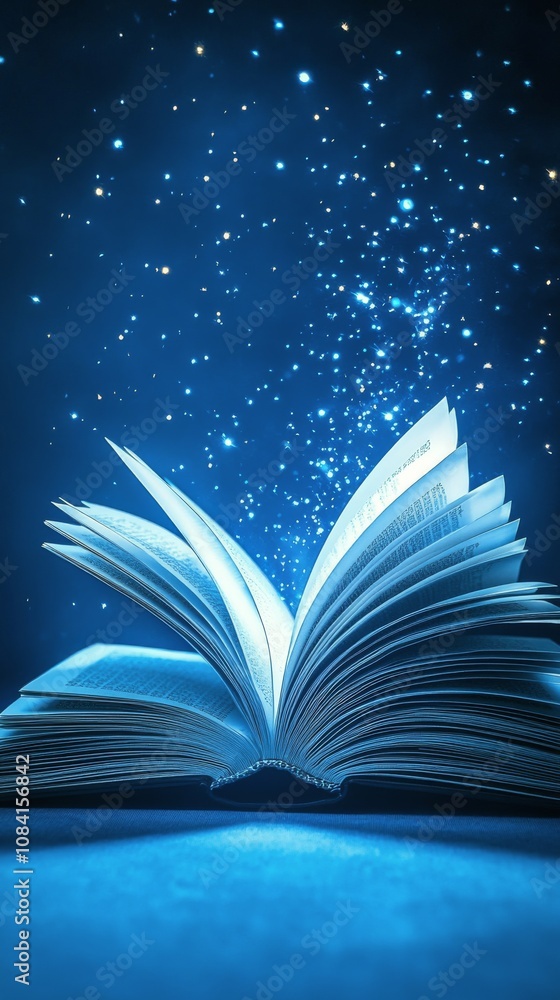 Poster an open book illuminates a starry sky, inviting imagination and wonder in a serene setting
