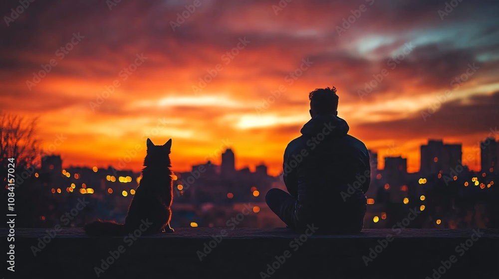 Poster pet and owner looking out over cityscape from a viewpoint at sunset creating a memorable travel mome