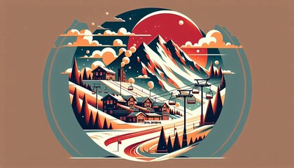 Vibrant ski resort scene showcasing more dirt than snow with cinematic color grading in a double exposure style illustration