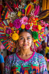 Fototapeta premium A woman wearing a colorful hat with flowers on her head