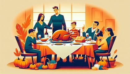 Traditional thanksgiving dinner scene with family gathered around a festive table, showcasing a cooked turkey centerpiece and vibrant autumn decor, captured in cinematic color grading illustration