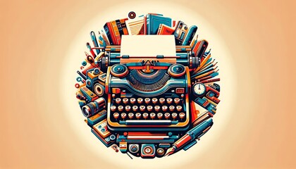 Vintage typewriter with writing tools in vibrant colors, a retro illustration embodying the inspiring journey of creative writing and storytelling.