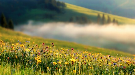 Obraz premium A field of diverse wildflowers in the foreground, surrounded by majestic mountains in the backdrop