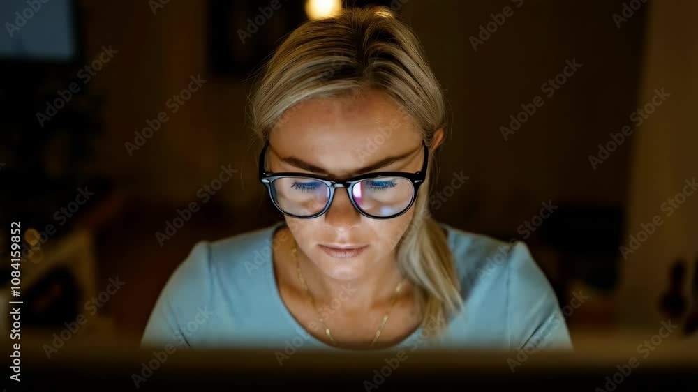Poster a focused individual working on a computer in a dimly lit environment.