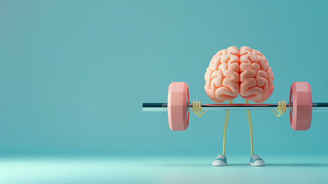 Brain Exercises. Colorful 3d animation of Brain Lifts the Barbel. Concept: Improving brain performance, learning, preventing degenerative brain diseases like dementia or alzheimer. 