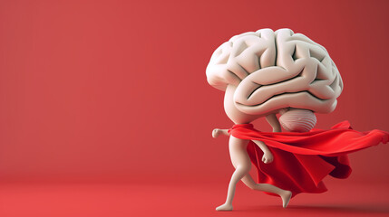 3D Animation of Brain as a superhero in a cape. Strong, healthy and powerful brain. Concept: Improving brain performance through learning, memory and cognitive exercising.