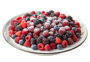 a bowl filled with berries and powdered sugar isolated with transparent background
