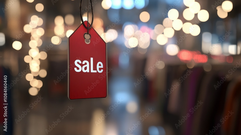 Poster a red tag with the word sale written on it hangs from a store display