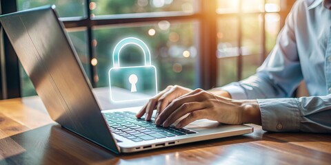 Secure Online Transactions Person Typing on Laptop with Lock Icon, Cybersecurity, Digital Security, Data Protection