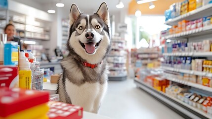 Cheerful Siberian Husky Dog in a Pet-Friendly Pharmacy Surrounded by Colorful Products and Shelves for Animal Care and Wellness