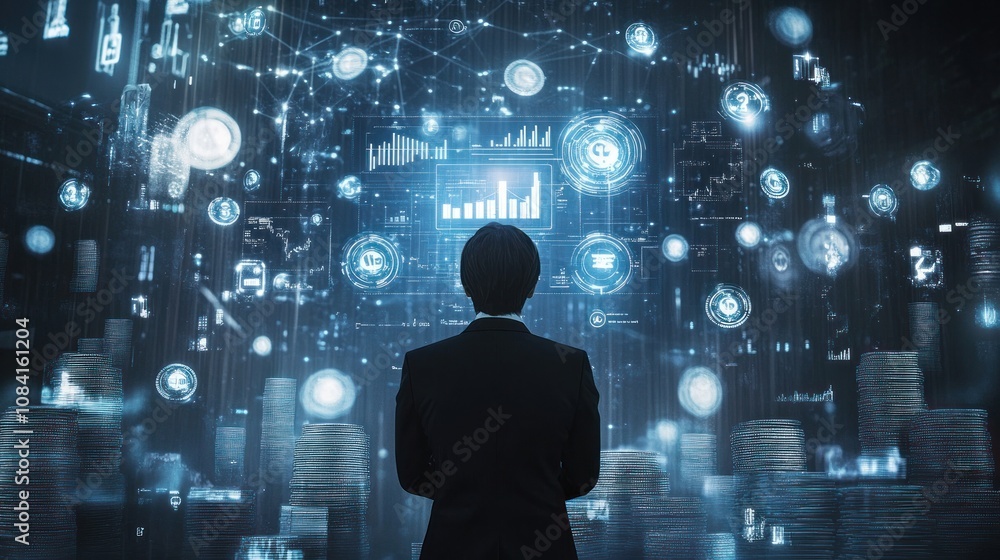 Poster a person in a suit gazes at a digital display of data and analytics in a futuristic setting.
