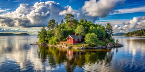 Fototapeta premium Red Cabin on a Small Island in a Pristine Lake, Photo, Landscape, Nature , red cabin , lake , island