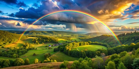 Fototapeta premium Rainbow Arcing Over Lush Green Valley, Landscape Photography, Nature Scenery, Rainbow, Nature