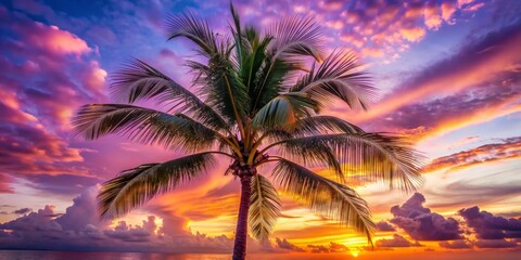 Fototapeta premium Palm Tree Silhouette Against Vibrant Sunset Sky, Tropical Paradise, Sunset, Palm Tree, Sky