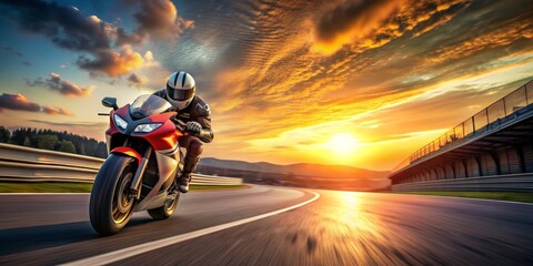 Fototapeta premium Motorcycle Rider Speeding Through Sunset on a Racetrack, sunset, motorcycle, race track