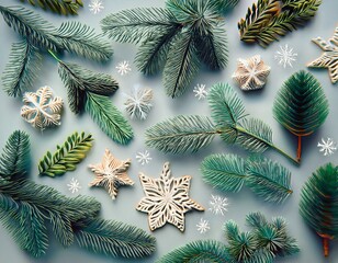 Naklejka premium Cheerful holiday designs with snowflakes, tree patterns, and decorative pine branches, perfect for Christmas crafts and seasonal gift wraps