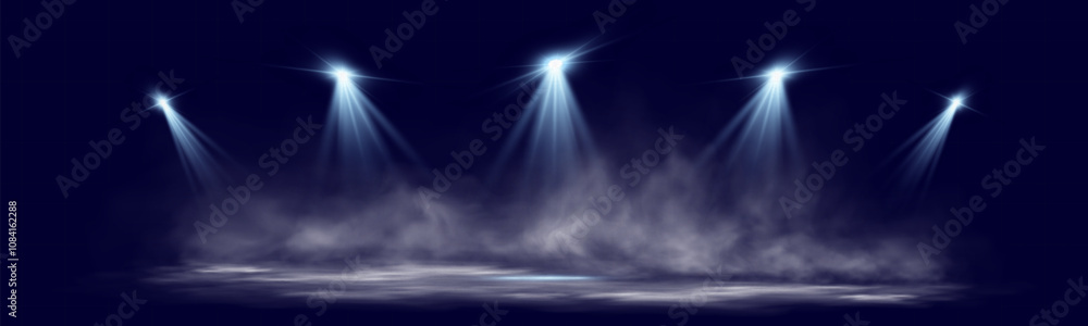 Poster dual spotlights shining down in a dark, misty atmosphere, creating a dramatic stage or stadium effec