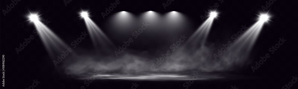 Poster dual spotlights shining down in a dark, misty atmosphere, creating a dramatic stage or stadium effec