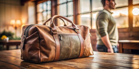 Obraz premium Leather Travel Bag on Wooden Table, Travel, Leather, Bag