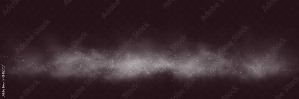 Poster A thin layer of gray smoke with scattered glowing particles on a transparent background, creating a misty or atmospheric haze effect.
