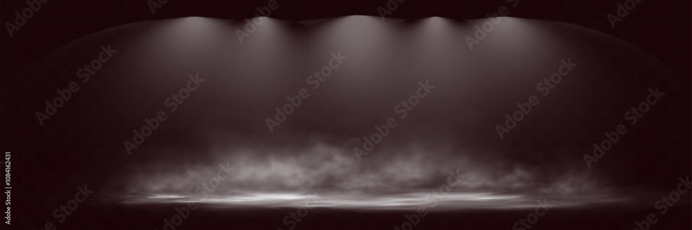 Poster dual spotlights shining down in a dark, misty atmosphere, creating a dramatic stage or stadium effec