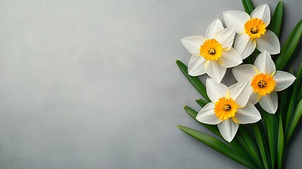 Obraz premium Bouquet of white and yellow daffodils on gray background