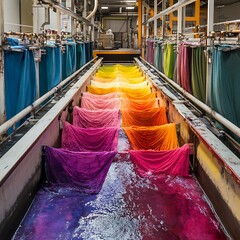 Vibrant fabric dyeing process textile factory industrial photography colorful environment close-up view textile production concept