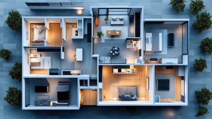 A top view of a modern apartment floor plan with multiple rooms including bedrooms, living room, kitchen, and dining area, surrounded by exterior greenery.