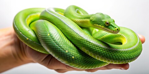 Obraz premium Emerald Tree Boa Coiled in Hand, Close-up, Green Scales, Reptile, Wildlife, Snake