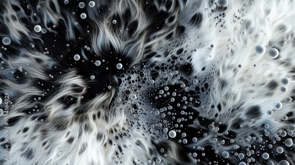 Poster abstract swirling black and white pattern with floating bubbles.