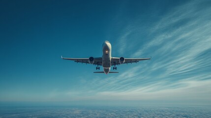 Obraz premium Airplane flying in the blue sky